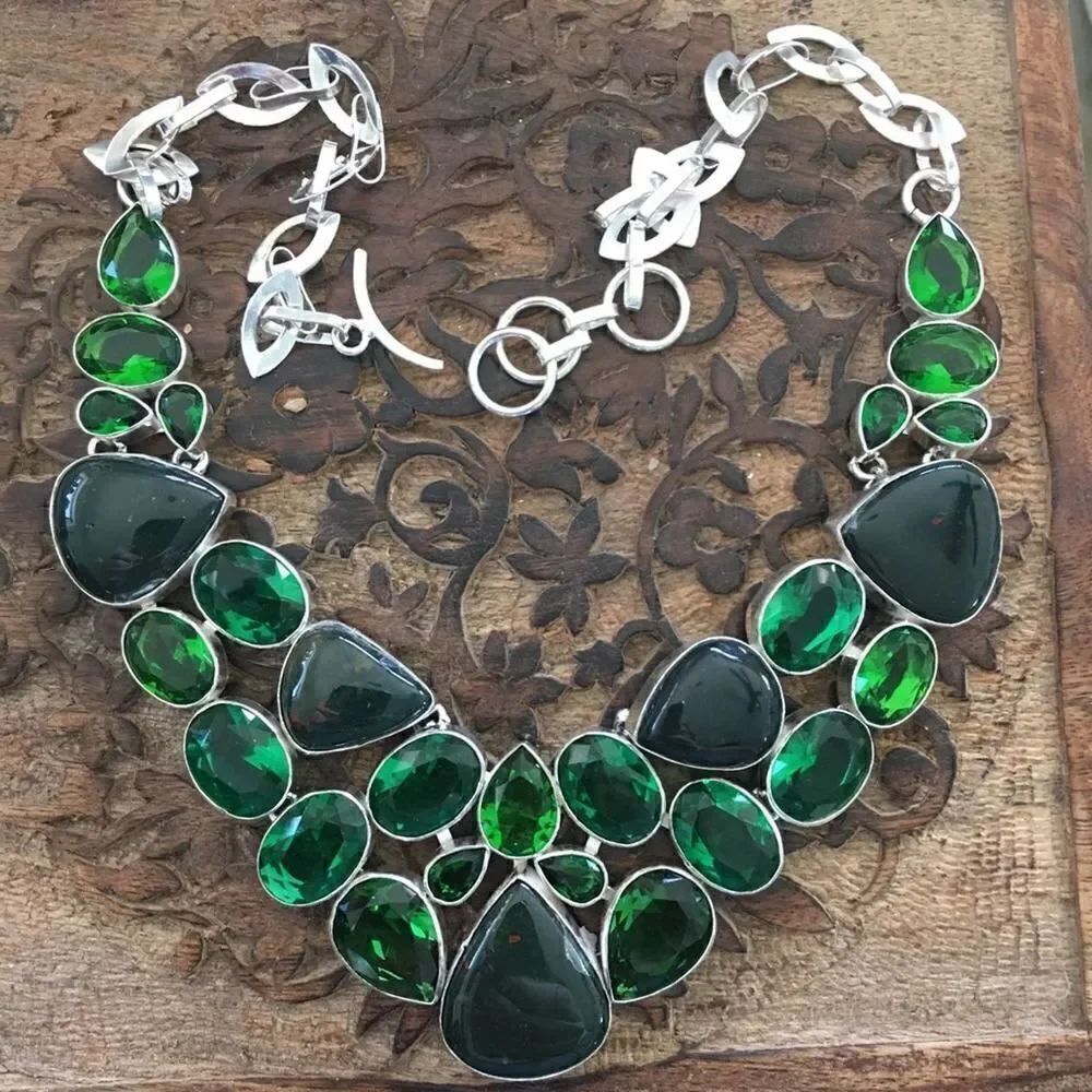 Obsidian & Green Hydro Glass Gemstone Statement Necklace